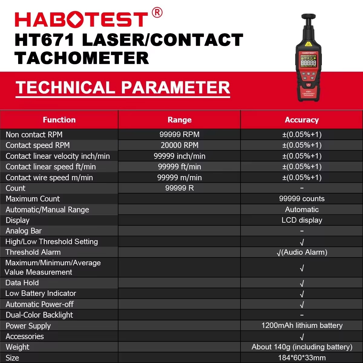 HABOTEST HT671 2-in-1 Digital  - Industrial Laser Tachometer avaliação e preço